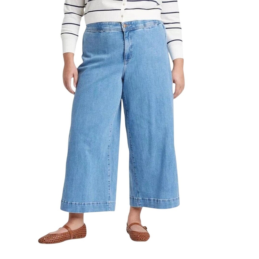 Ava & Viv Women's Blue High Rise Wide Leg Stretch Ankle Denim Jeans Size 16